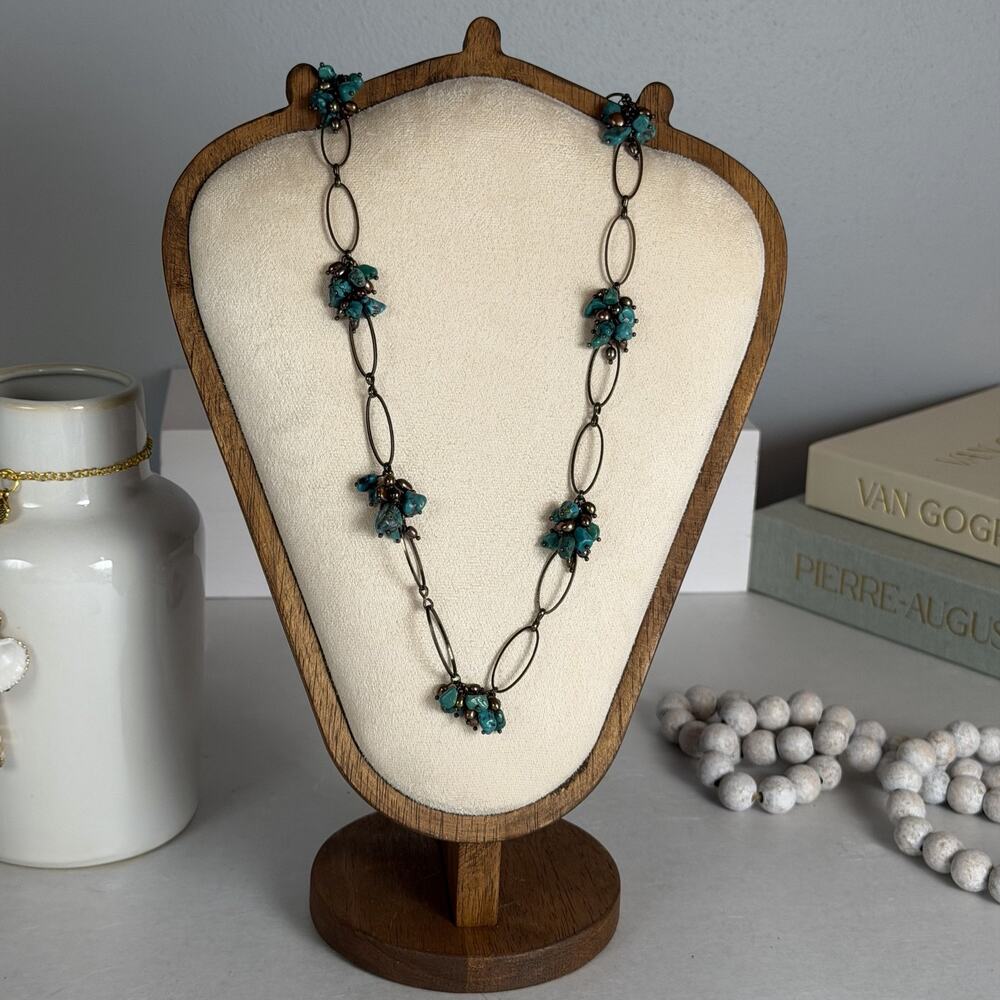 Unique VTG 1980s Antique Bronze-Tone & Faux Turquoise 34" Oval Link Necklace